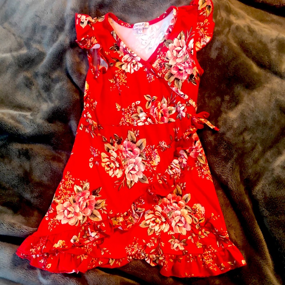 Little Girl red faux wrap floral dress